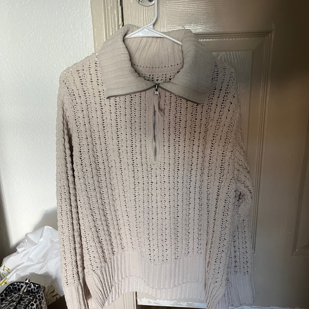 Aerie Chunky Chenille Cable Knit Quarter Zip Sweater Cream XS - Picture 4 of 7